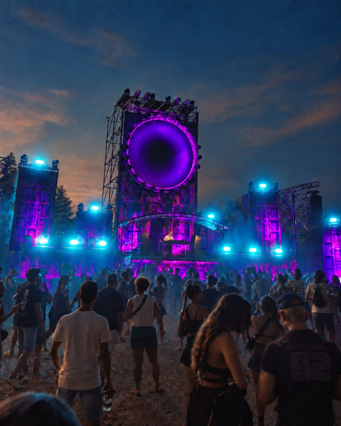 Hummingfields Festival main stage at dusk, Italy